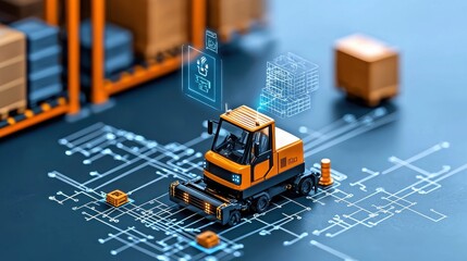 AGV Transportation Concept. Miniature warehouse scene with forklift and digital interface for logistics and supply chain management