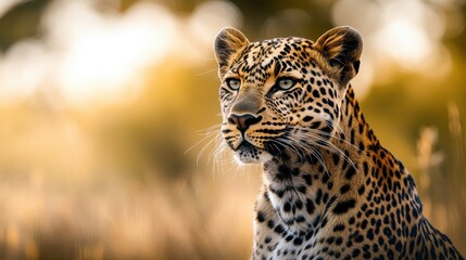 Obraz premium Majestic leopard resting in golden grass under soft sunlight in the wild