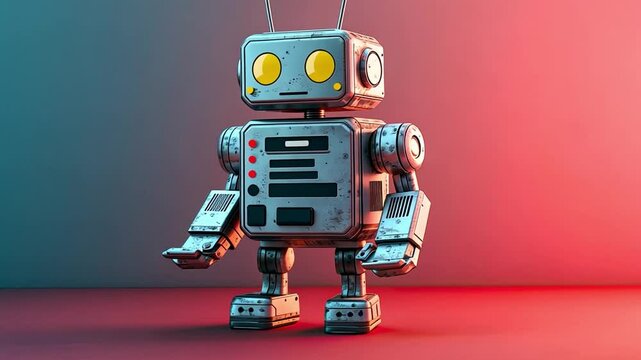 Colorful Vintage Robot Playful Animation of Retro Design and Metallic Technology, Showcasing Bright Yellow Eyes and Evoking Nostalgia and Curiosity.