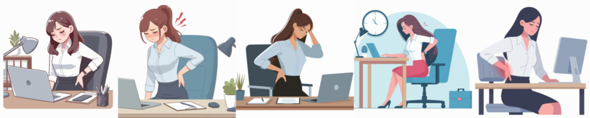 female secretary character vector with back pain