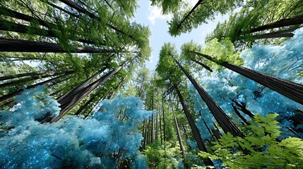 Obraz premium Enchanting Redwood Forest with Magical Blue Light Mystical Nature Scene Fantasy Landscape
