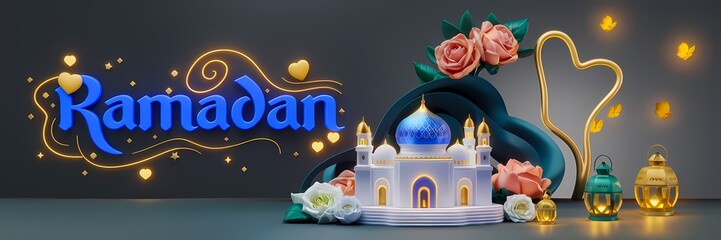 Ramadan Dark Fantasy 3D illustration Scene Featuring Glowing White Mosque with Blue Dome Golden Details Surrounded by Magical Lanterns Butterflies Roses Elegant Ramadan Text Luxurious Fantasy Setting