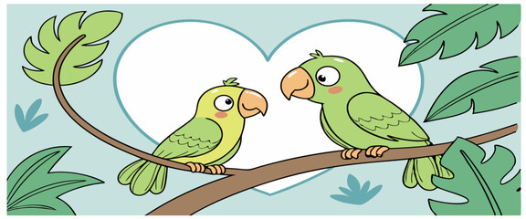 Jungle background with wooden sign board hanging on green liana vines with empty space for text and parrot on it. Cartoon vector rain forest scenery with tropical leaves, bird and wood banner
