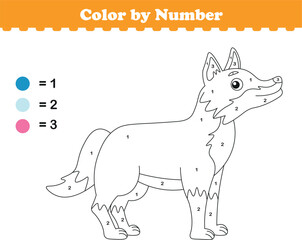 Color by numbers. Coloring page for kids. Coloring with cute wolf. Vector illustration