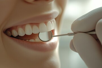 Obraz premium Healthy White Teeth Dental Checkup Closeup Examination Jaw Oral Care Smile Clean Mouth Mirror Bright