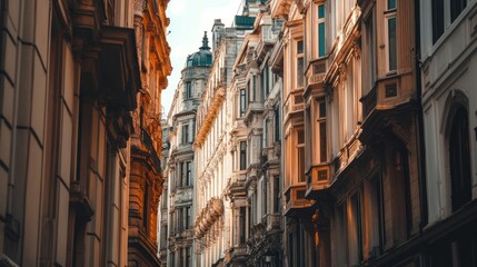 Fototapeta premium European city street, buildings, architecture, sunset light, urban scene, travel photography