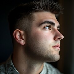 Obraz premium Man with a shaved face and a beard looking out of a window