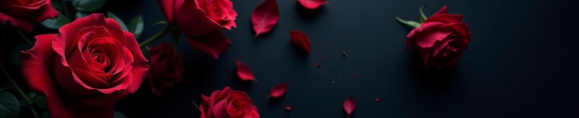 Naklejka premium Artistic angle of diagonal red rose on dark background, anniversary, Valentine's Day