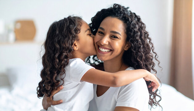 Una ni&ntilde;a feliz y sonriente dando un beso a a su madre por el dia de la madre