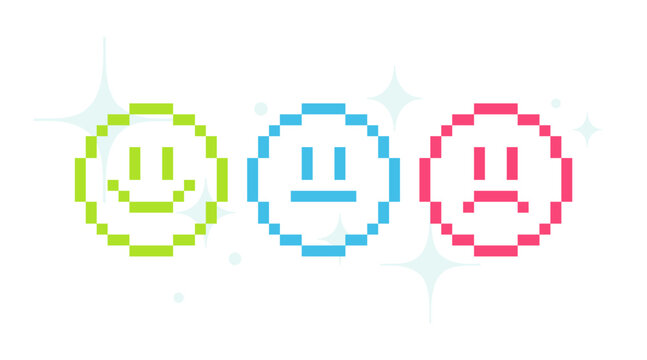 Set of 8-bit emoji. Pixelated smiley. Happy, sad and calm avatar in 8-bit style. Brutalism design, y2k aesthetics. Vector Illustration