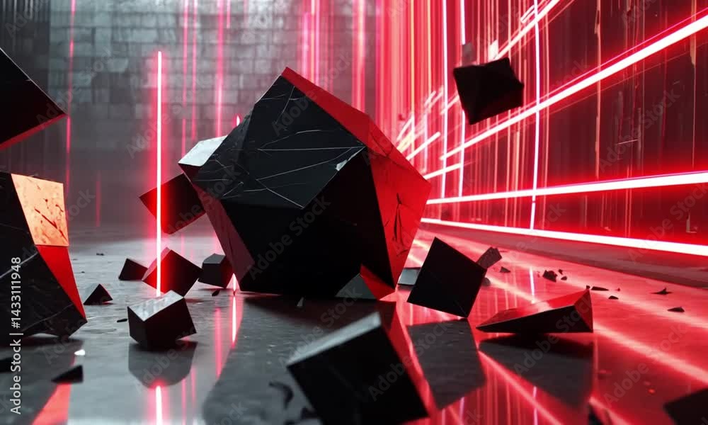Wall mural dynamic video of fractured black geometric shards reassembling into a minimalist sculpture made with