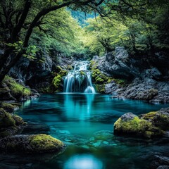 Serene Waterfall Cascading Over Rocks into a Turquoise River