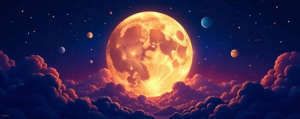 Astrology planet themed vector illustration of a full moon with zodiac signs, illustration, zodiac