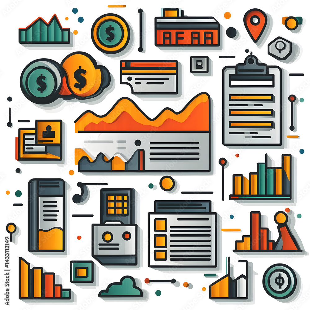 Poster a clean modern layout featuring various data visualizations and icons to represent different financi