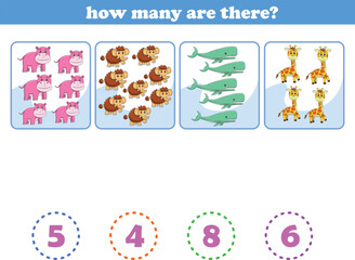 Fototapeta premium Counting game of wild animals for preschool kids. Printable. Vector Illustration