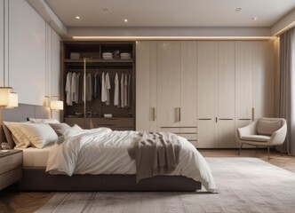 Spacious contemporary bedroom & closet, luxurious furnishings , luxury home, clean