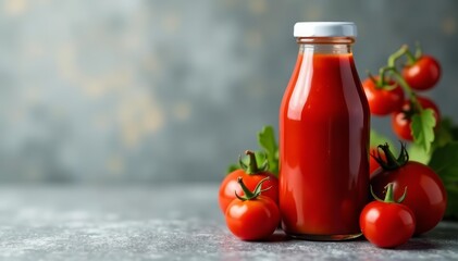 Bottle of ketchup with ripe red tomatoes on grey backdrop, ketchup, tomatoes