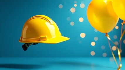 Yellow construction helmet on a festive background with balloons. Builder's Day