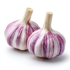 Two garlic bulbs close up shot on white background