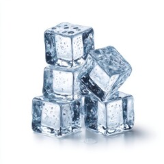 Pile of ice cubes stacked together on white background