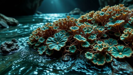 Intricate copper wire reef glows emerald-green in an underwater grotto with sapphire highlights.