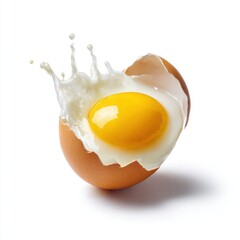 Cracked egg with splash of milk on white background
