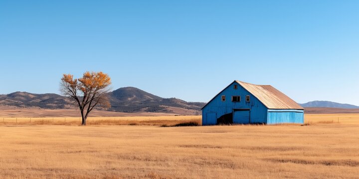 Blue barn and lone tree in vast yellow field under clear sky with mountain range - Powered by Adobe