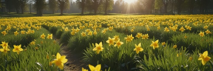 Fototapeta premium Sunlit daffodil field, vibrant yellow blooms, lush green grass, plant, blossom