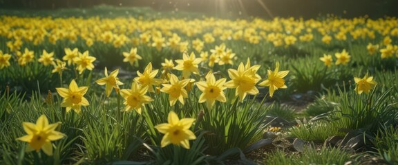 Fototapeta premium Sunlit yellow daffodils burst forth in a vibrant green meadow , bright, garden, landscape