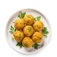top view of bolinhos de bacalhau on white plate on white background 