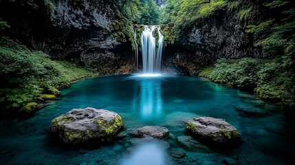 Fototapeta premium Serene Waterfall Cascading Over Rocks into a Turquoise River