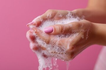 Fototapeta premium Woman's Hands with Pink Nails Washing with Glittery Soap Foam Against Pink Background