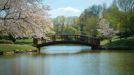 Wooden bridge arches over tranquil lake surrounded by lush greenery, blossoming trees reflecting in still water.