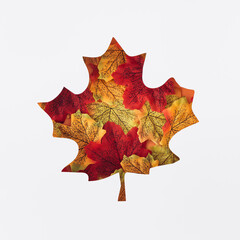 Autumn composition with colorful autumn leaves visible through a leaf shaped gap. Minimal concept. Fall aesthetic. Perfect for autumn themes. Unique background image. Nature flat lay. Top view banner.