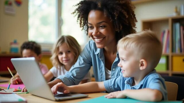 Happy Kindergarten Teacher Using Tablet Computer to Engage Students	
