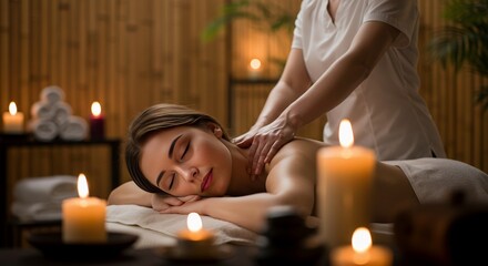 Young Woman Enjoying Back Massage Eyes Closed in Dimly Lit Spa with Candlelight and Bamboo Wall Creating a Serene and Relaxing Atmosphere