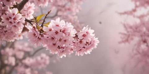 Soft pink sakura blossoms descend gracefully, blurred background showcasing gentle spring light ,  pastel,  dreamy,  nature