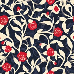 Fototapeta premium Elegant Floral Pattern with Red Roses and Cream Foliage on Dark Background.