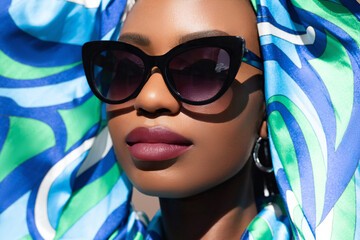 Stylish African American woman wearing bold cat-eye sunglasses and colourful patterned blouse. Her full lips with dark lipstick and radiant skin glow under sunlight. Eye wear aaccessories fashion.