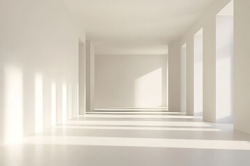 Empty, sunlit interior corridor of a minimalist space.