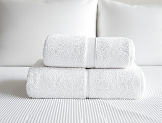 two neatly stacked fluffy white towels on a striped bed sheet