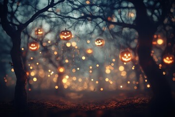 Obraz premium Mystical Forest with Glowing Pumpkin Lanterns and Twinkling Lights.