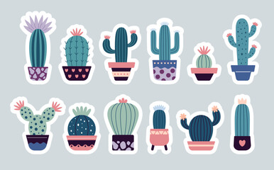 Set of colorful blooming cacti, succulent in pot stickers. Cute hand drawn cactus. Doodle style, flat design. Scandinavian, boho style. Vector. Exotic and Tropical Plant, home decor sticker pack