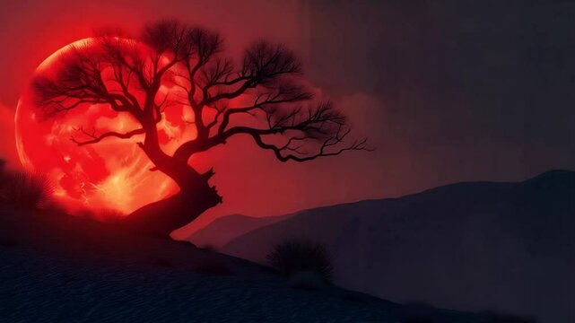 Blood red moon behind a baron tree landscape