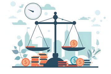 A balance scale with money and a clock, symbolizing the value of time and money