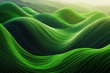Abstract, undulating green hillscapes in a digital rendering.