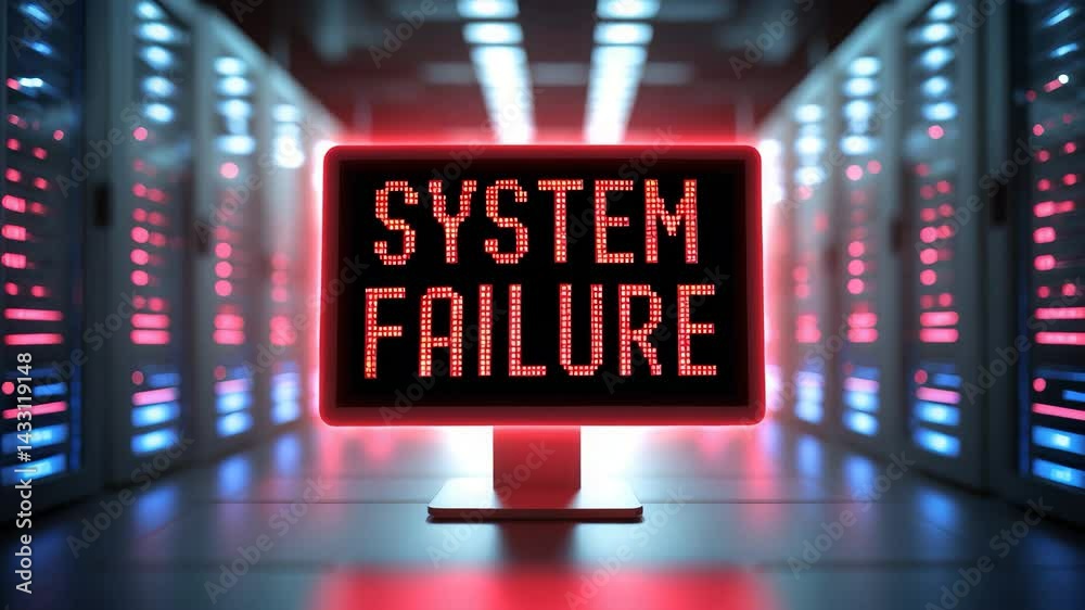 Poster system down alert with copyspace for monitor display in data center featuring rack server animation