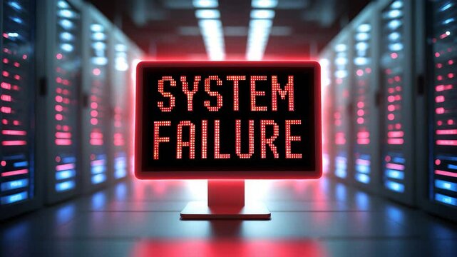 System Down Alert with Copyspace for Monitor Display in Data Center Featuring Rack Server Animation