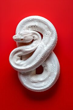 Albino ball python coiled on bold red background