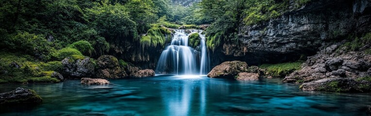 Obraz premium Serene Waterfall Cascading Over Rocks into a Turquoise River